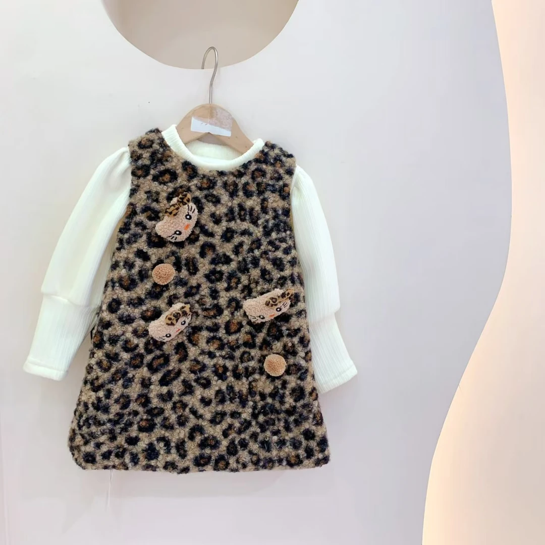 241852 女童冬季韩版棉质加绒加厚豹纹休闲连衣裙套装
