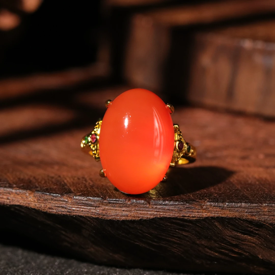 【泓贝珠宝-L922】红玛瑙大蛋面戒指可调节戒圈