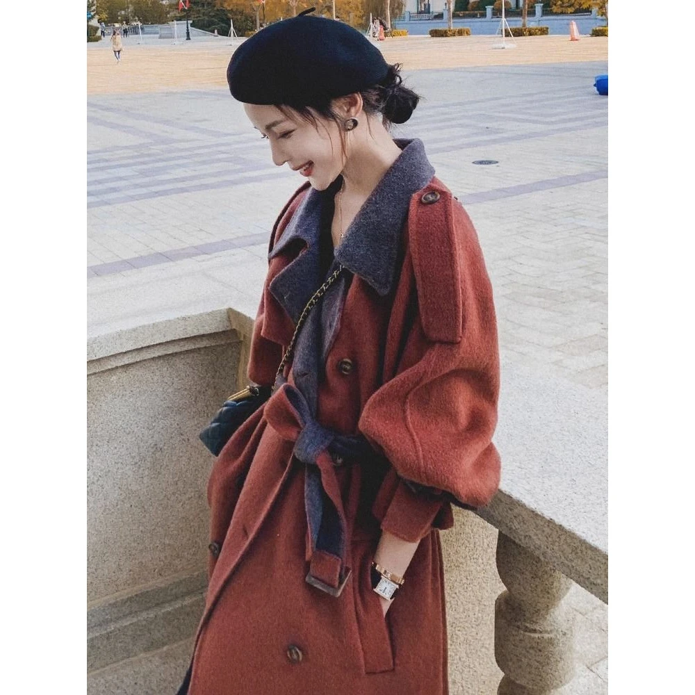中长款外套女装冬季2024新款韩版宽松加厚红色呢子大衣羊羔毛