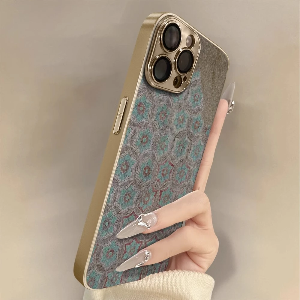 【进口小羊皮】适用苹果16promax手机壳敦煌花纹彩绘iphone15pro