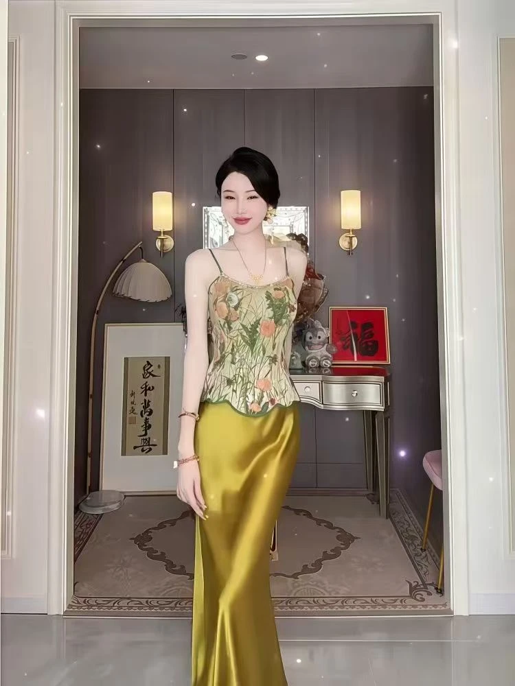 时尚套装显瘦长裙抹胸绿色上衣印花女装修身气质法式