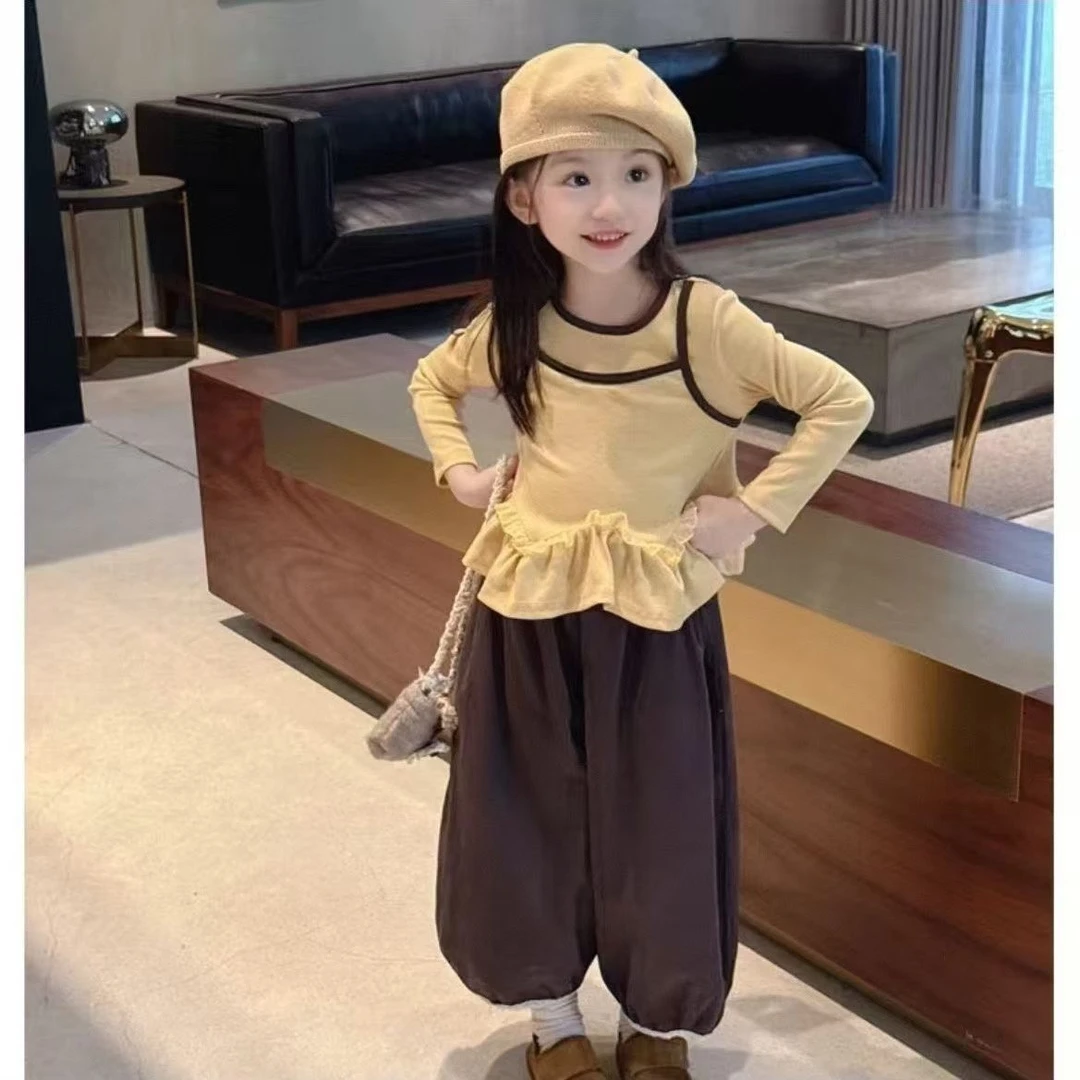 新款时尚女童韩版套装t恤女童上衣假两件裤子女宝洋气两2025