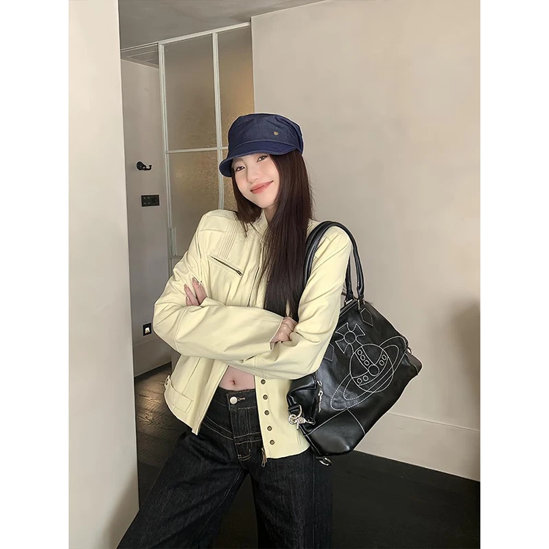 设计感复古机车立领工装外套女2025秋季新款ins休闲百搭夹克上衣