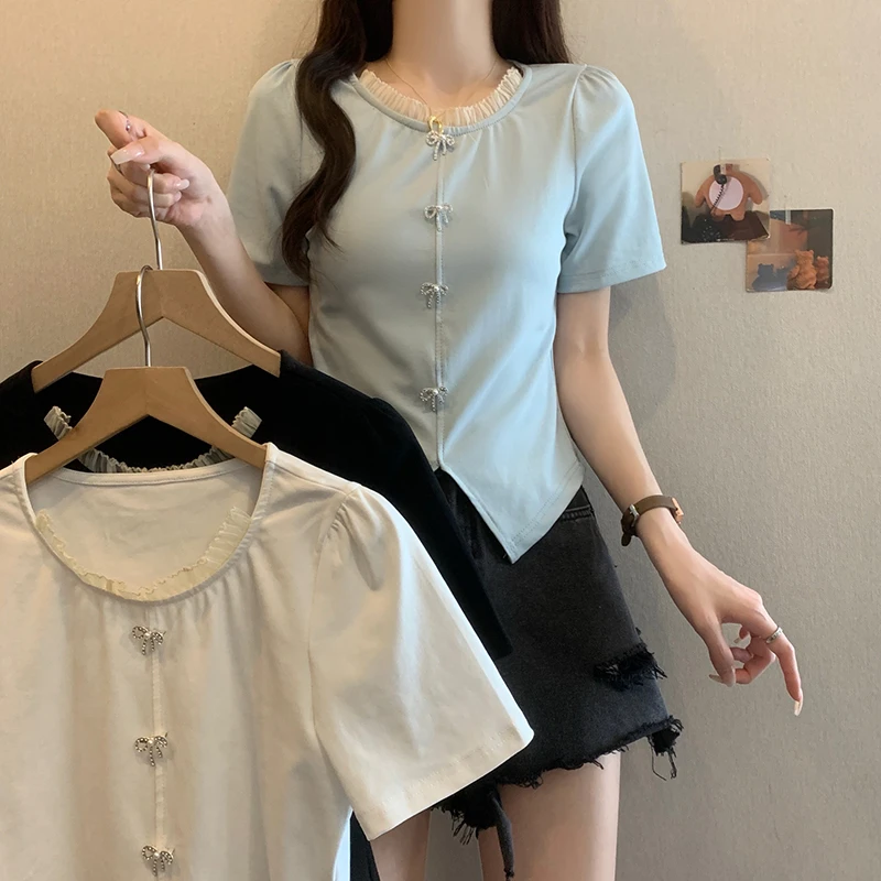 A大码胖MM洋气减龄蕾丝短袖上衣夏季女士T恤不规则开叉正肩短袖