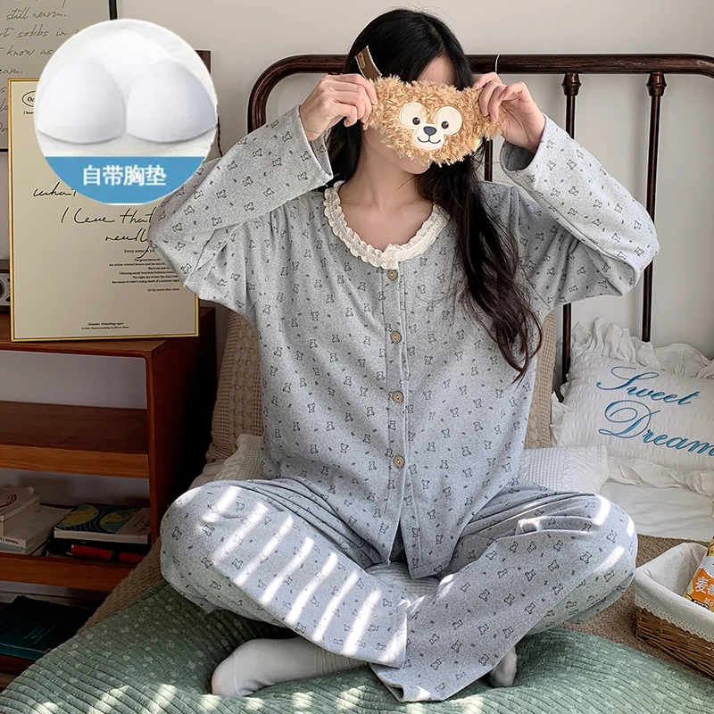 睡衣女款春秋季卡通花边带胸垫一体长袖长裤可爱甜美套装1034