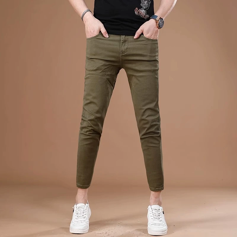 军绿色休闲裤男九分裤潮牌时尚弹力修身小脚牛仔裤男士9分裤薄款