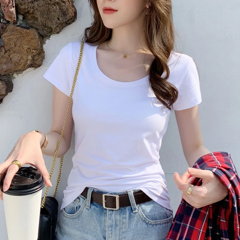 短袖t恤女修身纯棉白色上衣女圆领时尚黑色紧身打底2025新款夏装