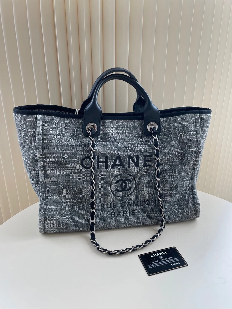 95新 Chanel/香奈儿 3919 Chanel 灰蓝色编织沙滩包