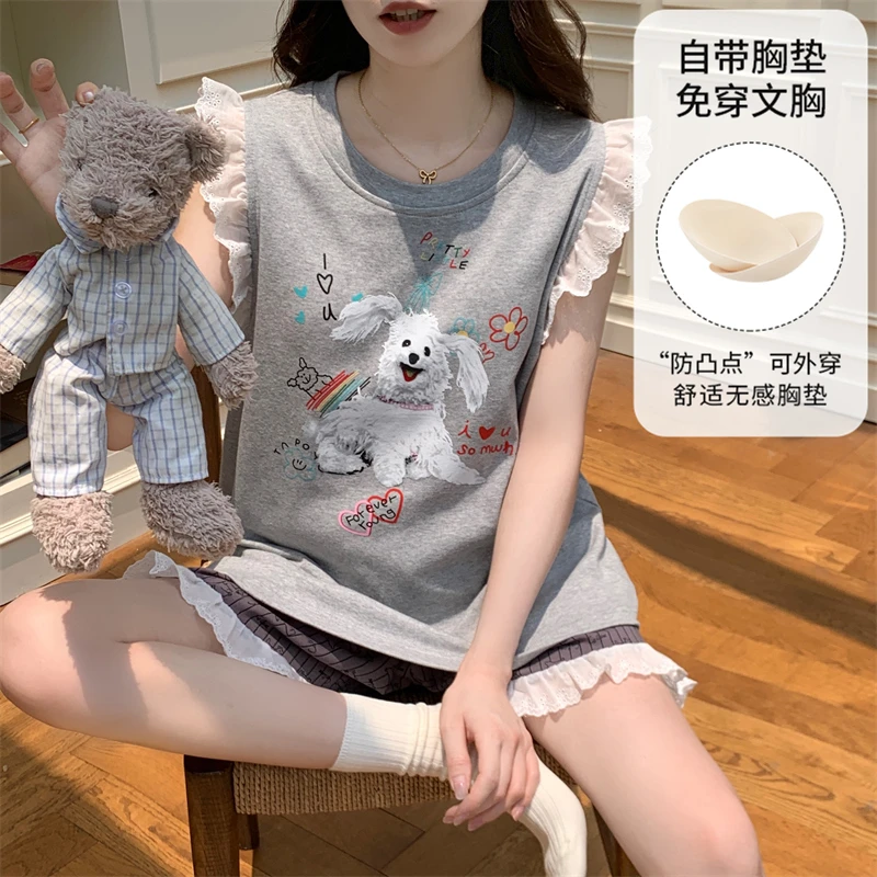 背心睡衣女夏季天自带胸垫一体无袖薄款卡通可爱家居服防凸点套装