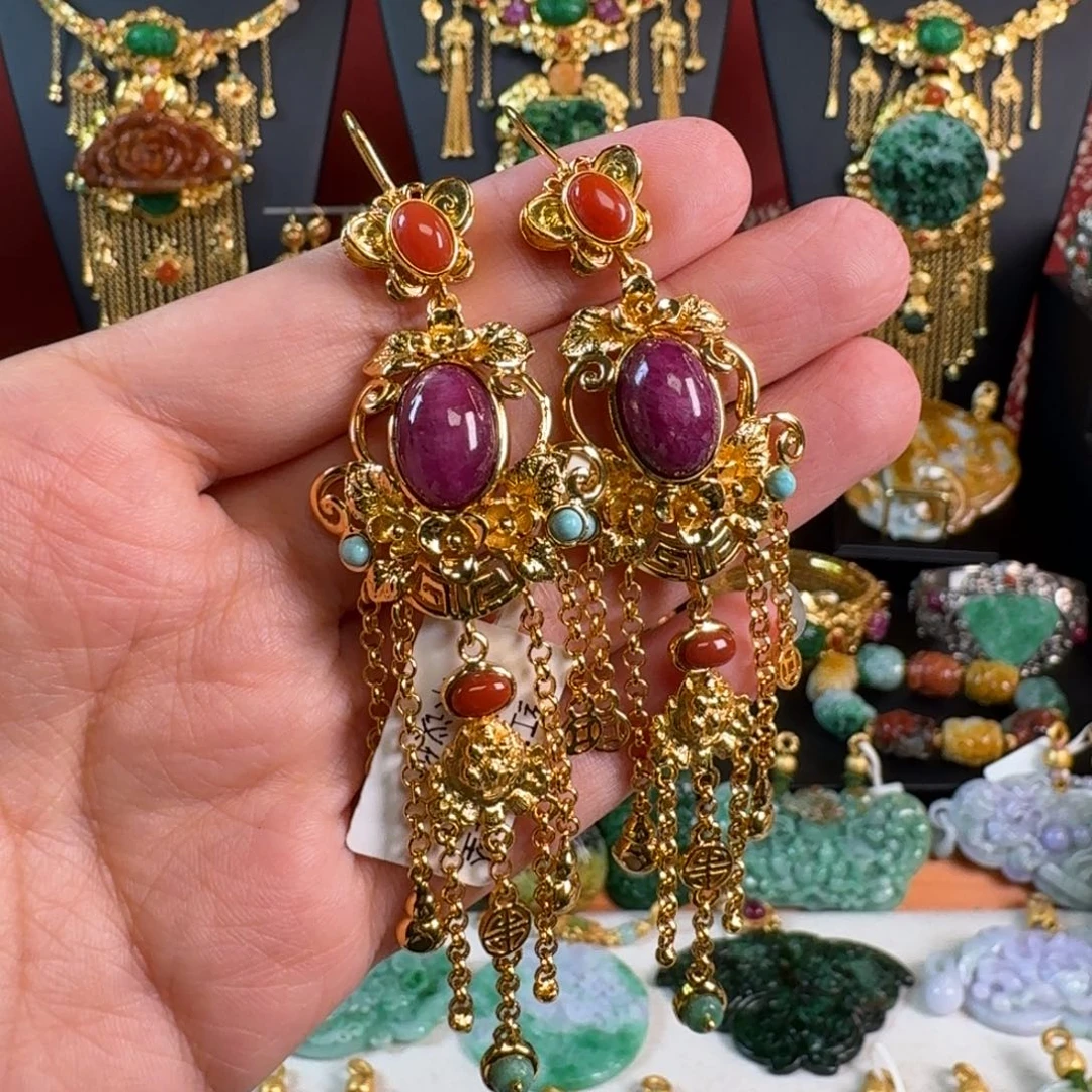 N***h翡翠银S925镀金镶嵌颈饰耳坠