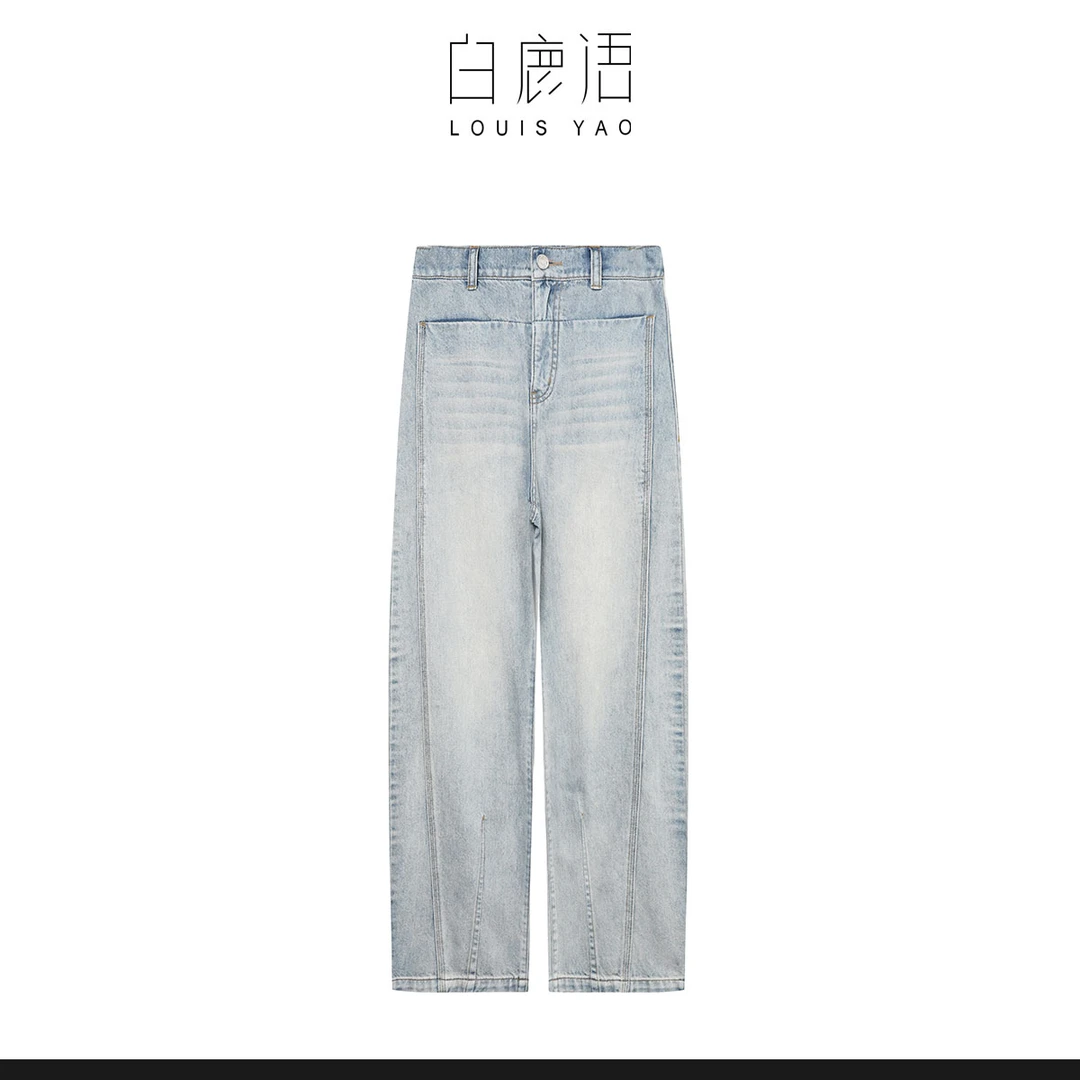 白鹿语女装【100%棉】时尚复古弯刀裤女式牛仔裤BY20223