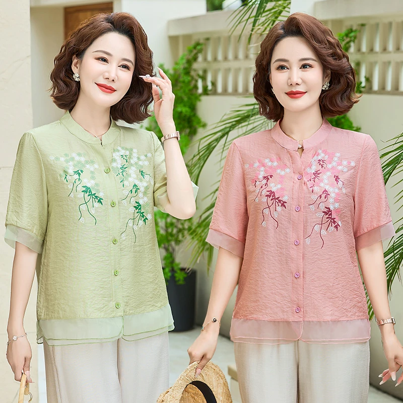 妈妈夏季薄款短袖刺绣小衫国风气质中老年女装上衣裤子宽松两件套