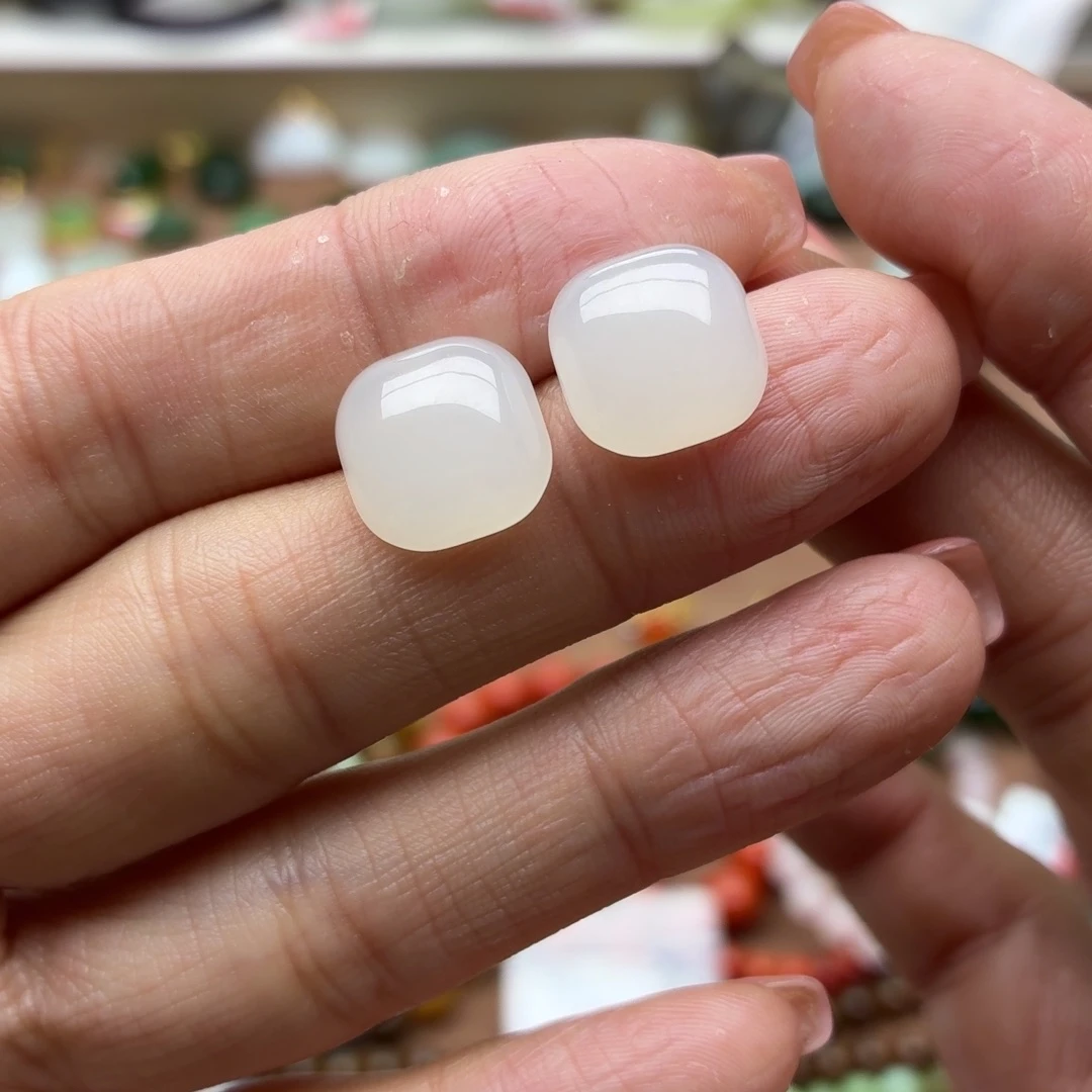 和田玉银S925镶嵌耳饰方形