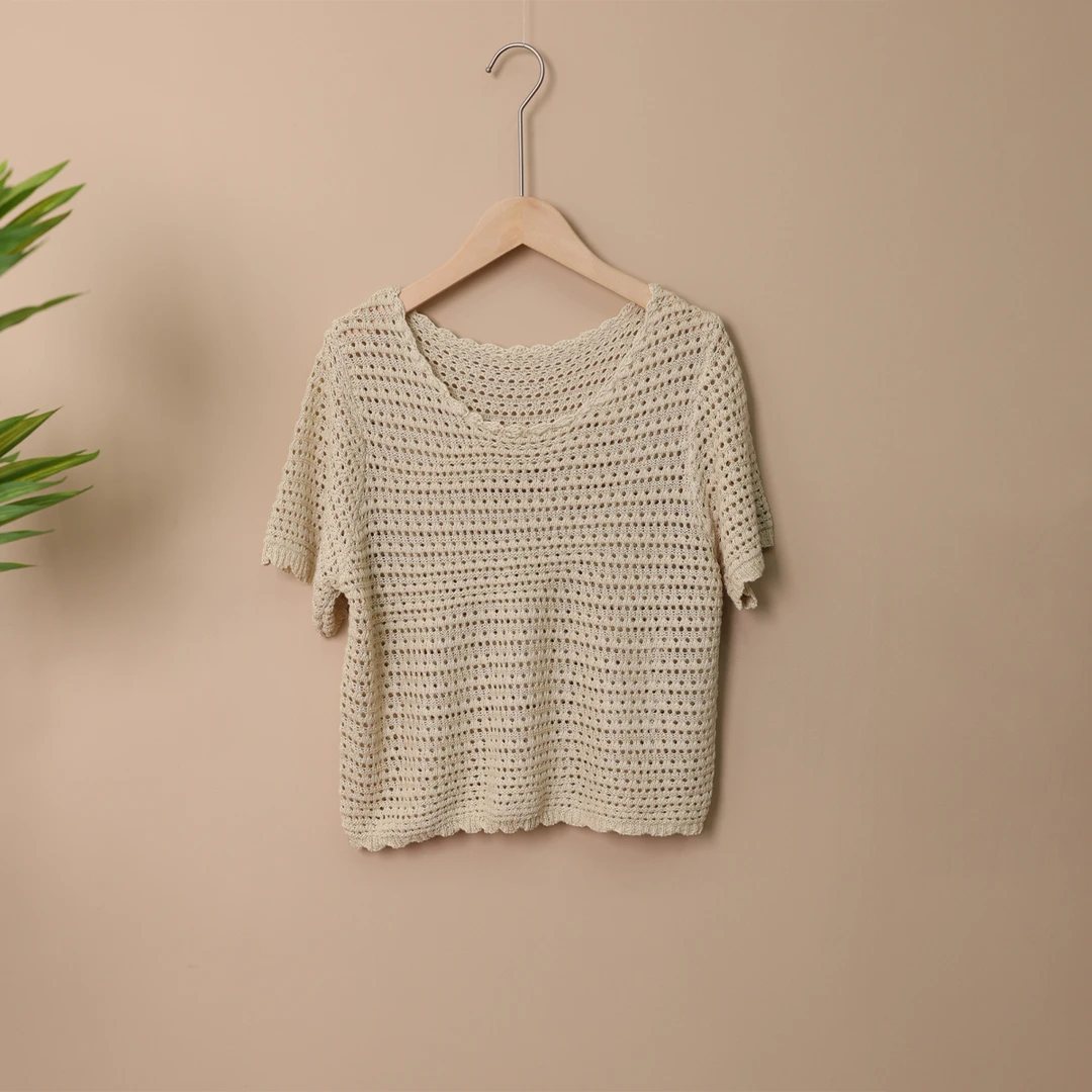 镂空短袖针织衫女2025夏季新款韩系宽松时尚气质圆领透气上衣6069