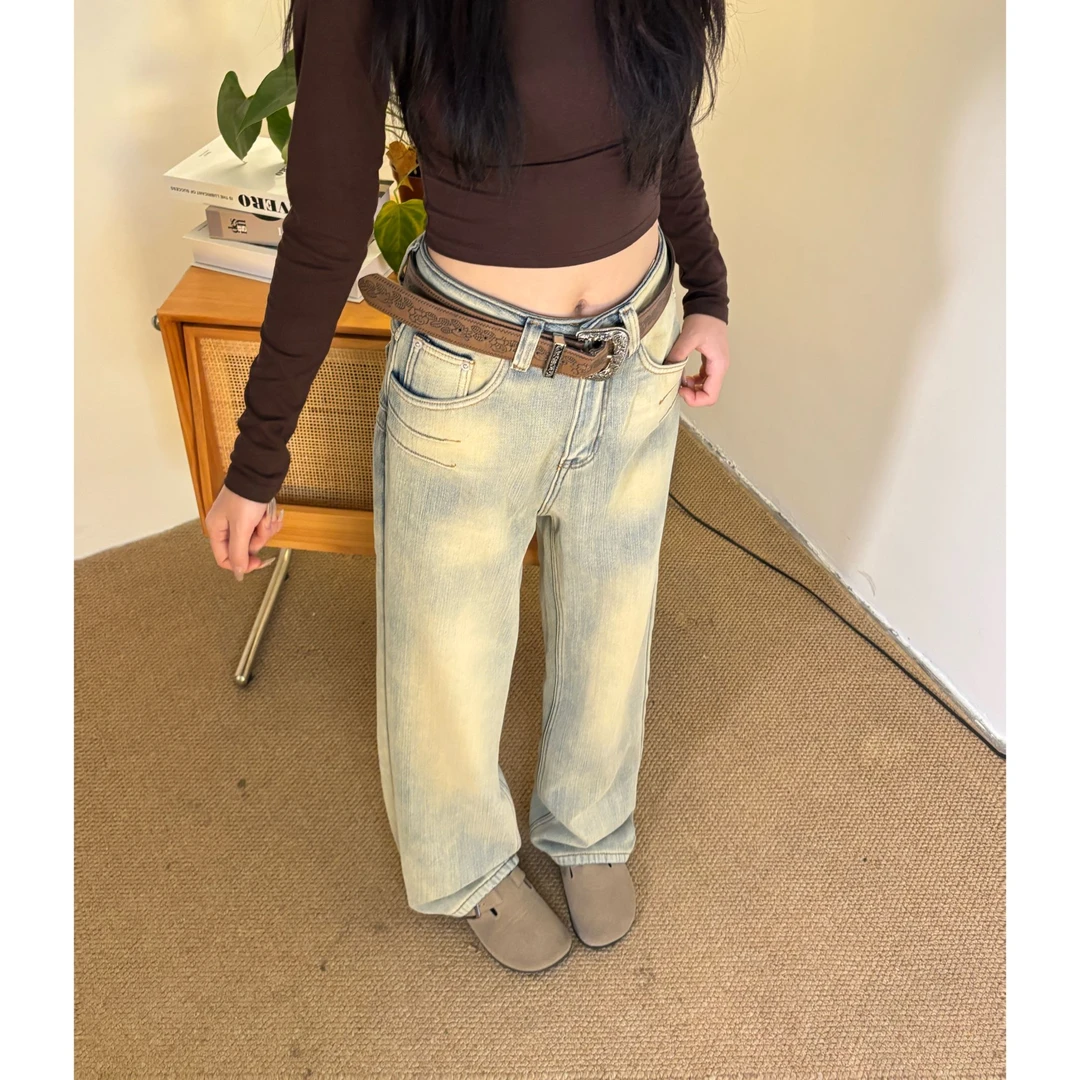 秋冬新款牛仔裤女废土色复古做旧设计水洗蓝加绒直筒宽松中腰显瘦