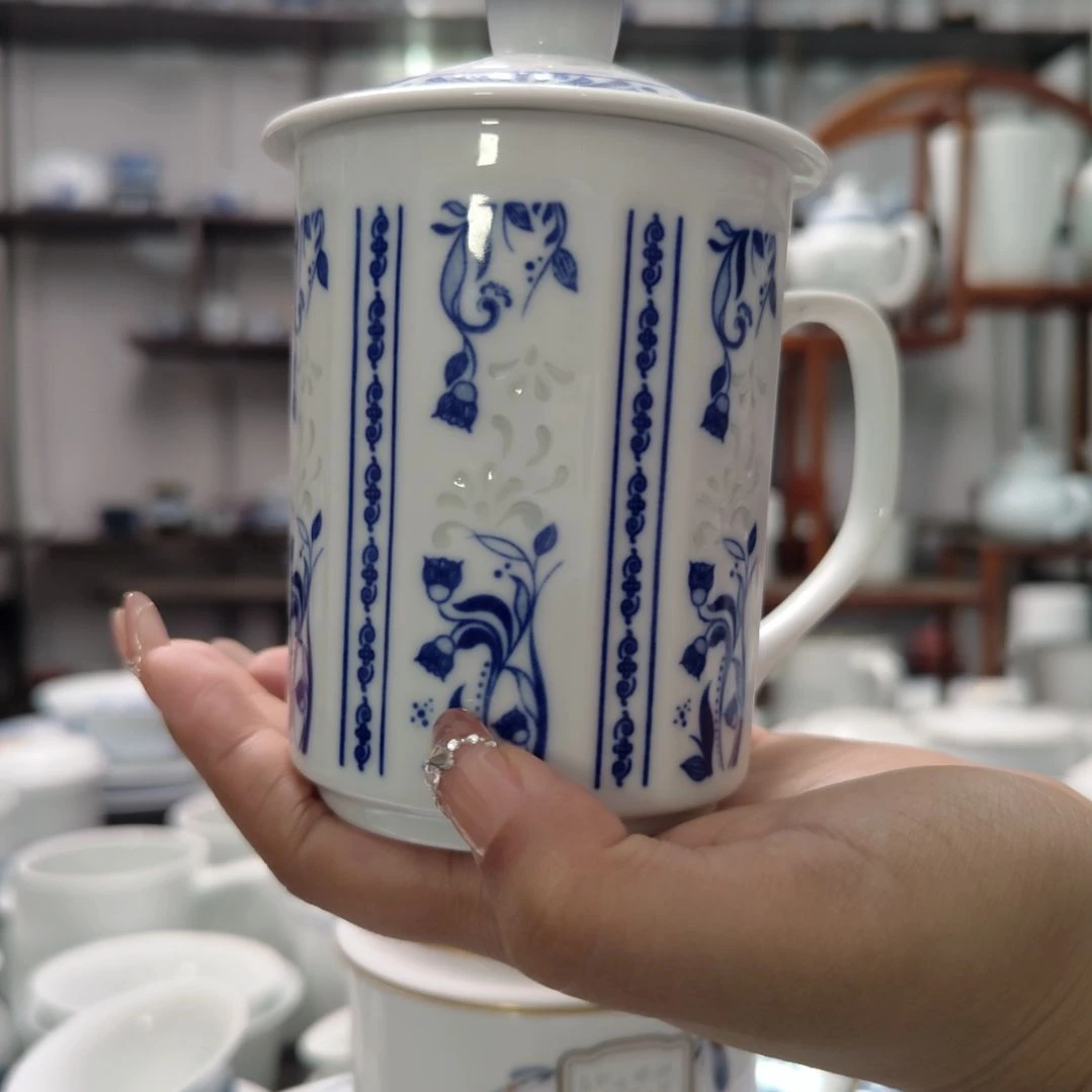 瓷花卉办公杯一套景德镇