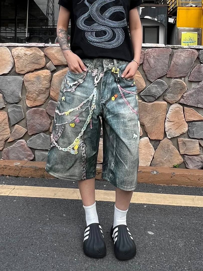 15GET 重磅3D打印涂鸦印花水洗七分牛仔裤夏季宽松百搭直筒中裤
