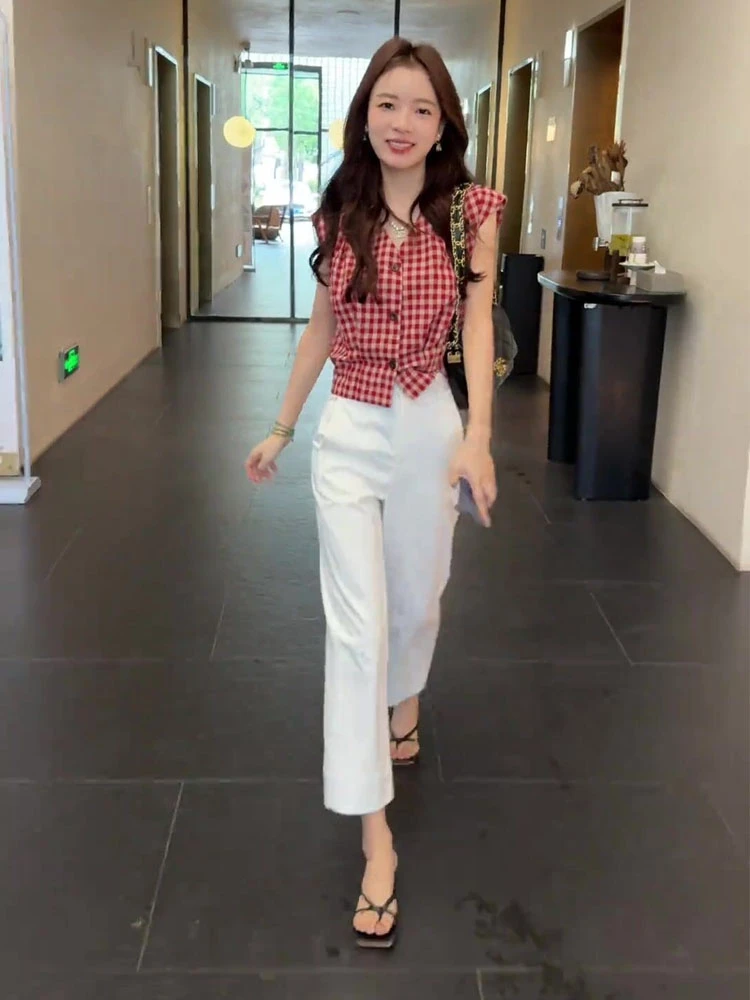 2025超火夏装一整套女气质百搭无袖格子背心上衣高腰休闲裤两件套