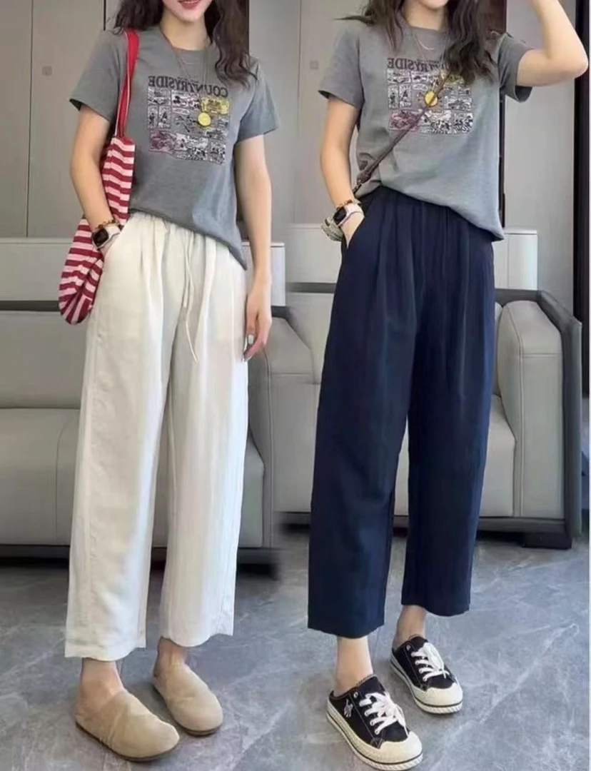 微胖大码女装夏季透气亚麻休闲裤小个子莱塞尔凉爽韩版九分裤子