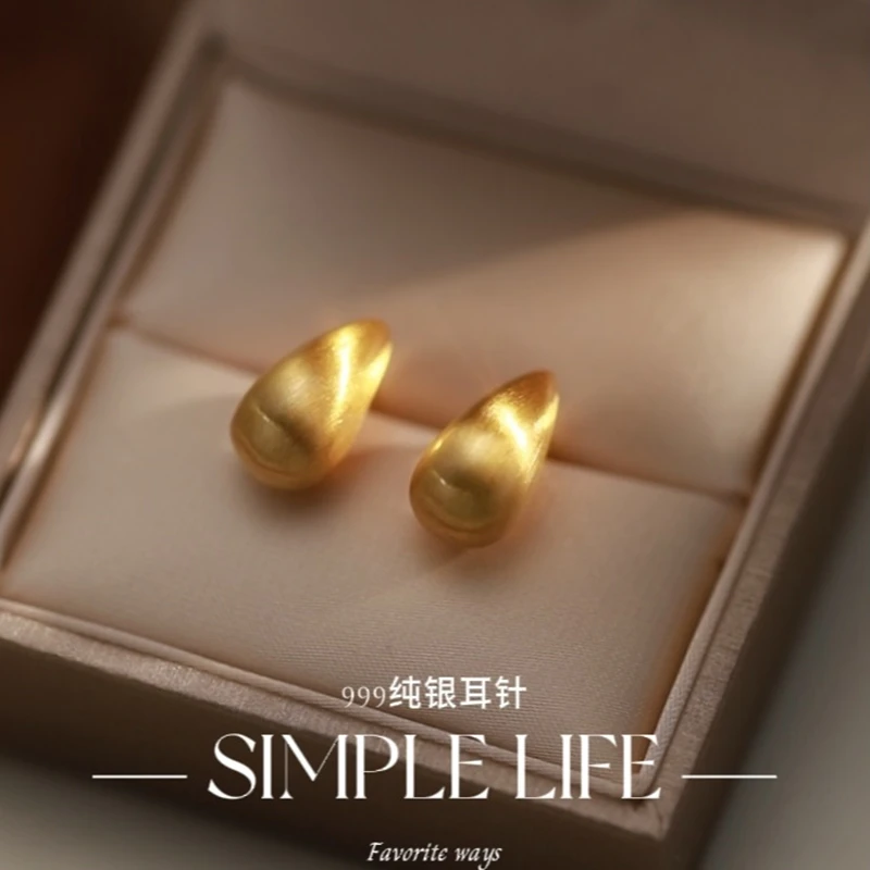 铜合金耳饰 999纯银耳针拉丝水滴耳钉女小众高级感耳环时尚耳饰