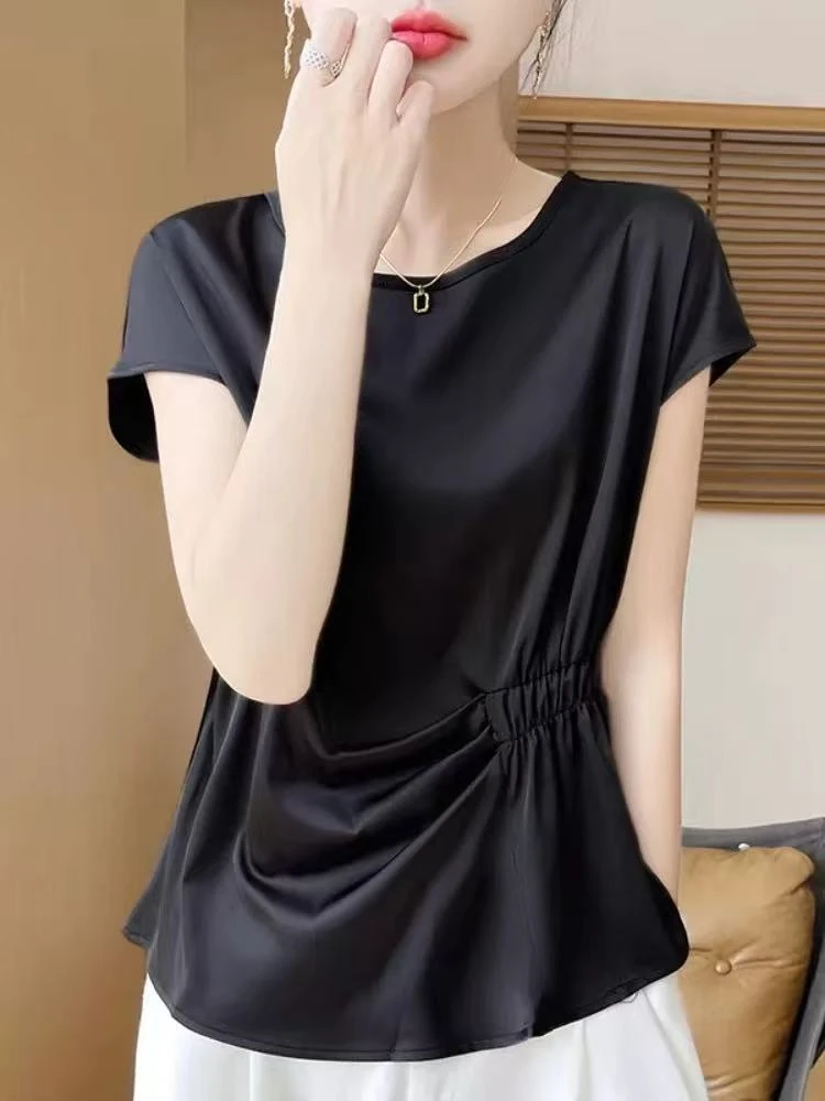 恒鑫安收腰捏褶醋酸圆领缎面小衫
