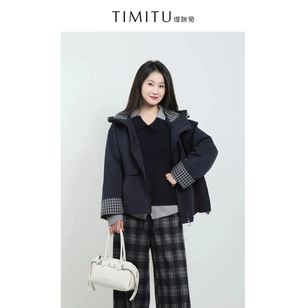 TIMITU缇咪兔简约连帽格子拼接宽松外套34424015