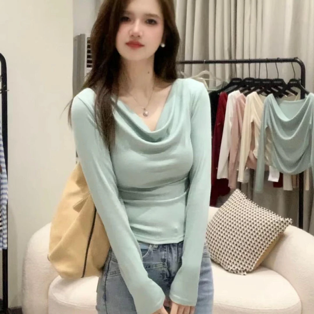 美式甜辣荡领锁骨一字肩女春秋季新款修身长袖T恤打底辣妹上衣ins