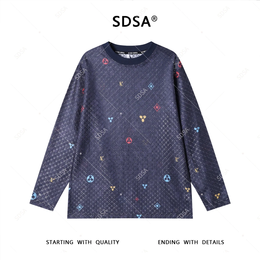 SDSA夏季新款男士痞帅美式镂空印花长袖T恤小众设计百搭圆领上衣
