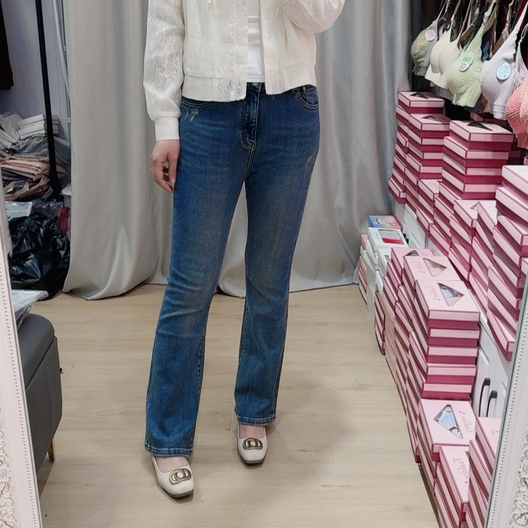 25605春季新款喇叭牛仔裤中腰弹力修身喇叭裤