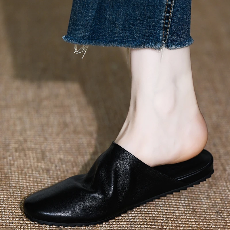 2025新款包头半拖女真皮外穿通勤百搭一脚蹬平底凉拖鞋
