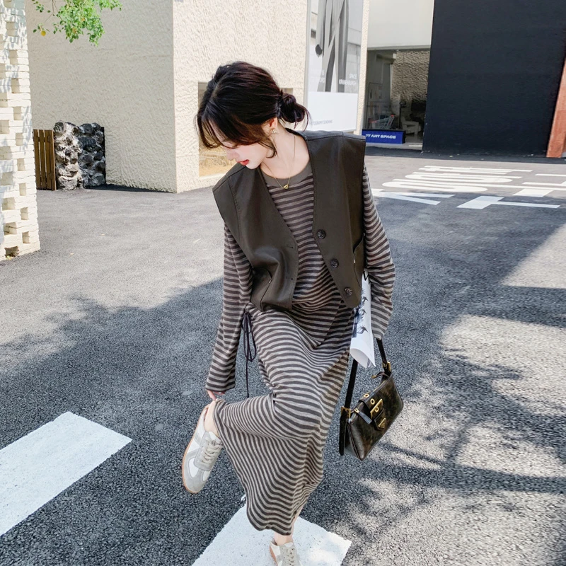 松弛感马甲条纹T恤裙2025春秋新款小众韩系ins休闲显瘦慵懒风套装