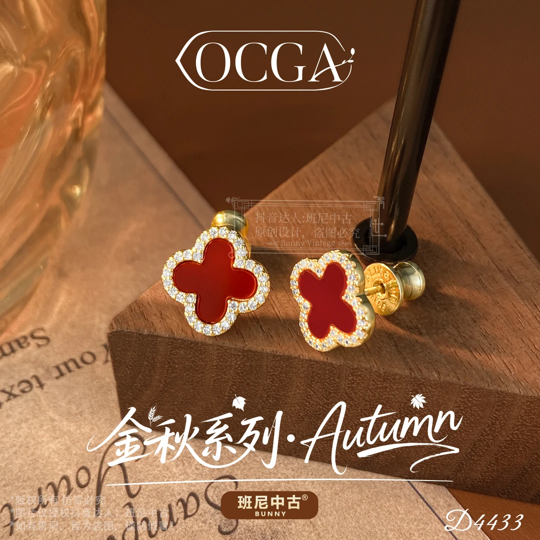 镀k金D4433法【红色四叶草】秋冬OCGA 欧斯伽斯耳钉