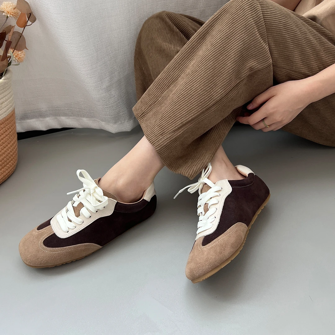 林印象复古阿甘鞋头层真皮德训鞋女2025秋冬新款拼色百搭休闲板鞋