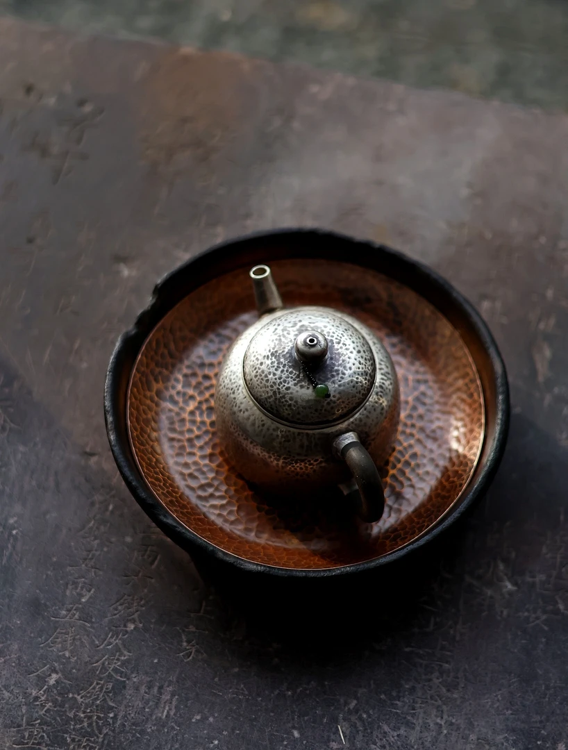 手作铜铜木壶承碳化实木盘手作厚铜盘古朴质感16cm×高4cm带铜锔钉