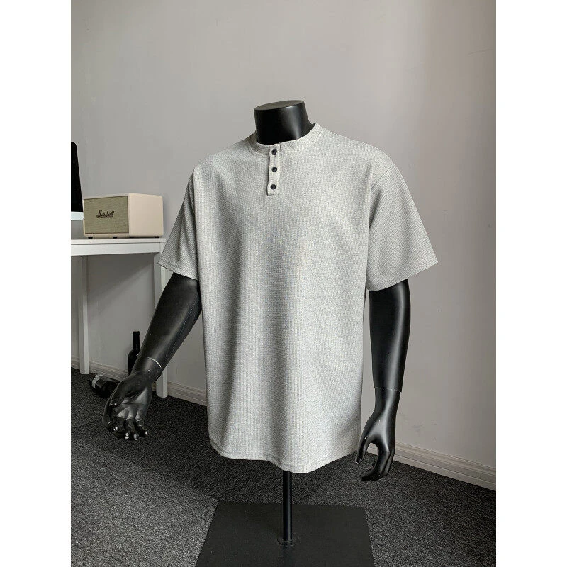 灰色华夫格亨利领短袖T恤男款夏季潮牌美式正肩重磅POLO衫半截袖