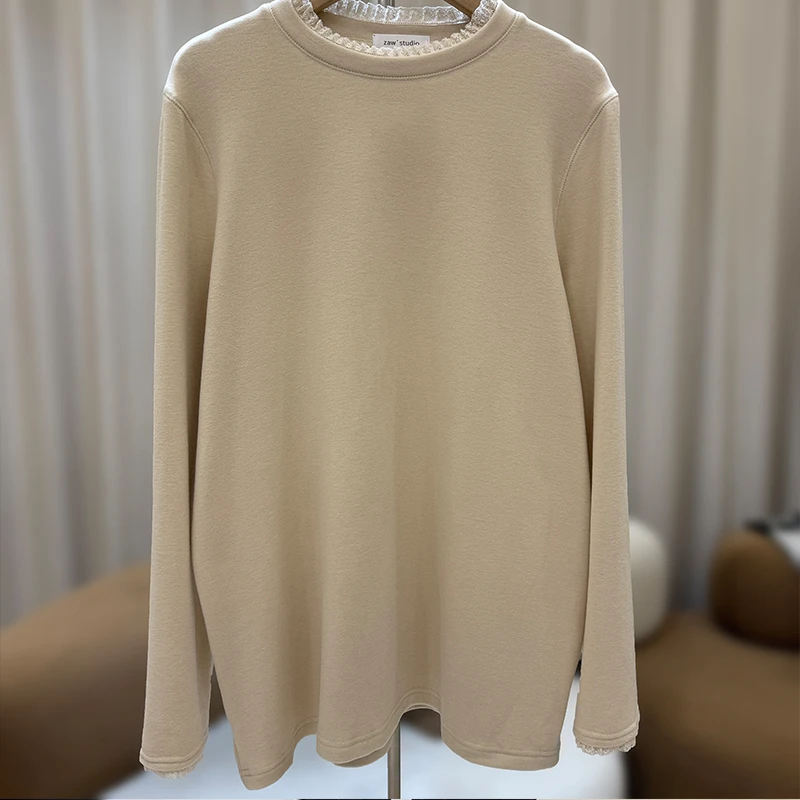 zaw大码蕾丝拼接圆领长袖卫衣女洋气内搭打底衫T恤胖mm上衣/25517