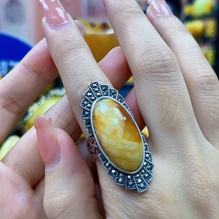 琥珀银S925镶嵌颈饰戒指