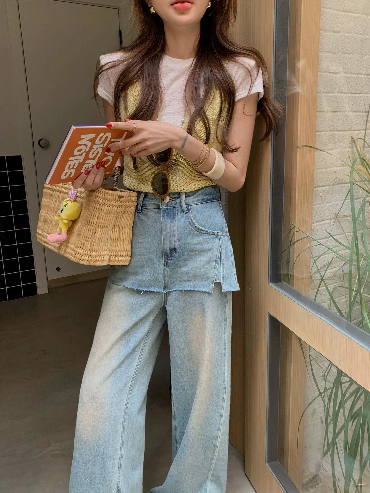 梦小小女装假2件直筒牛仔裤女裙裤2025春季宽松拖地裤阔腿裤垂感