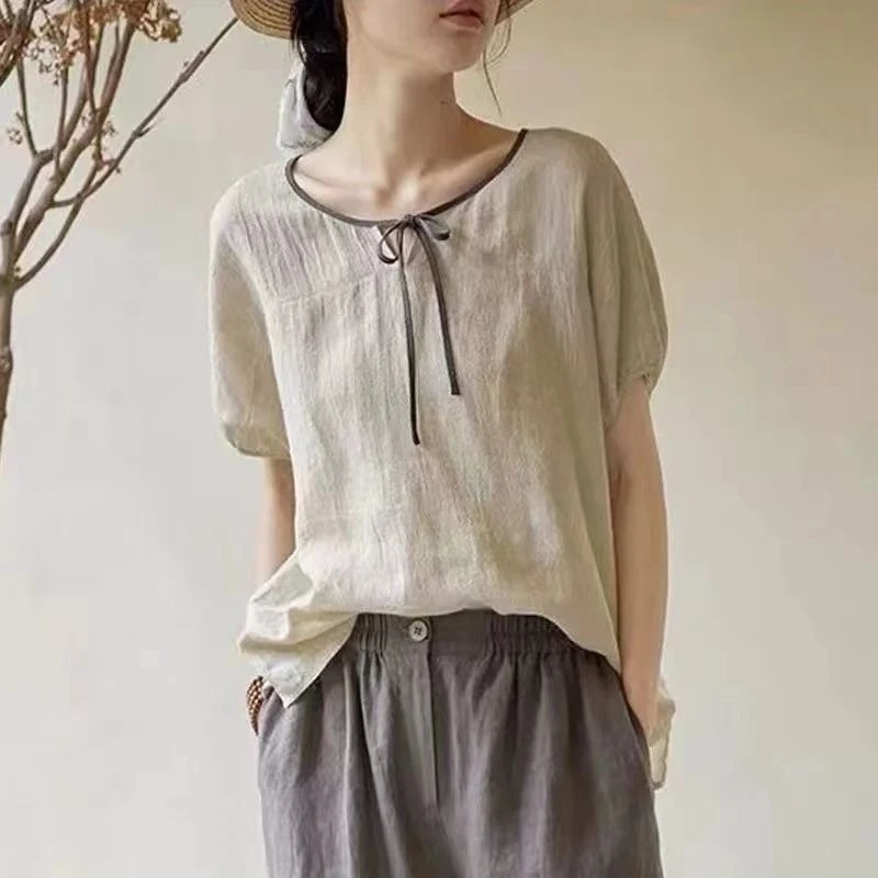 【现货+运费险】棉麻上衣女文艺复古宽松百搭T恤小衫薄款短袖XK02