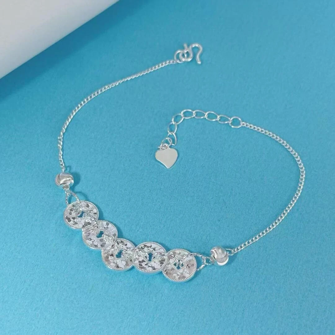 足银手链 佬银匠 纯手工足银碎冰冰五帝钱手链轻奢时尚百搭气质