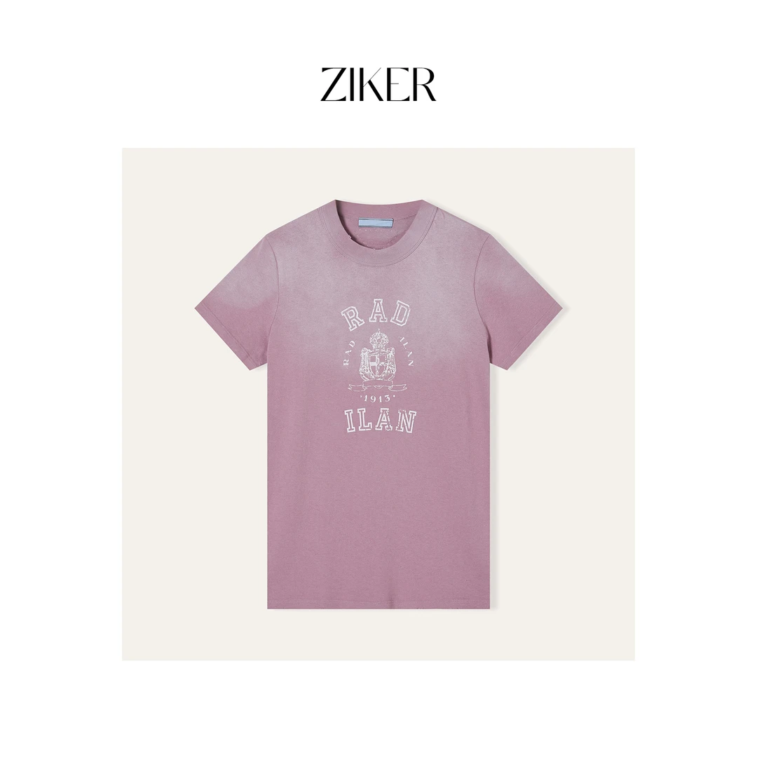 ZIKER｜PD｜粉色磨破重工纯棉短袖T恤时尚女款夏季（套袋机洗）