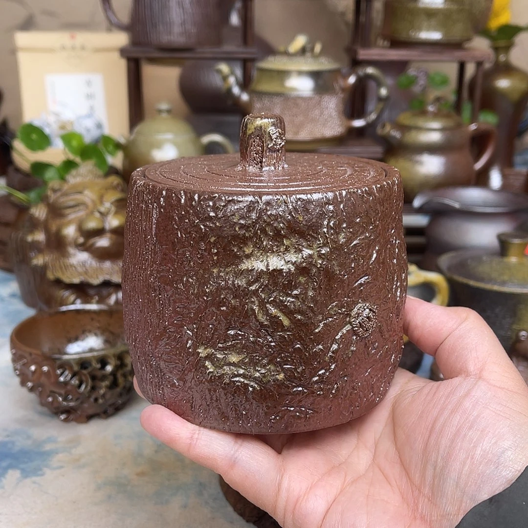 柴烧手作树纹小茶罐