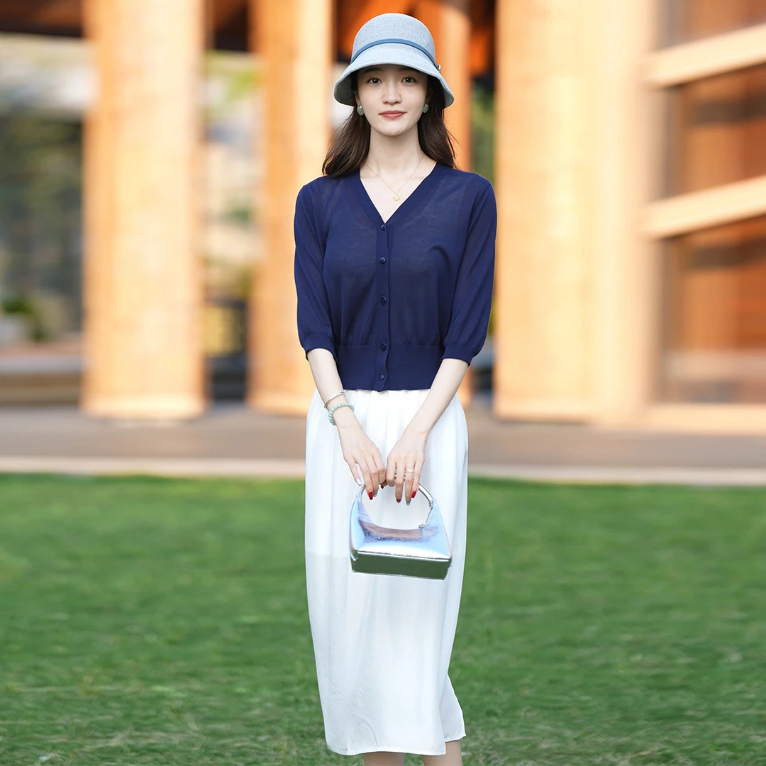 【大林专属】莱赛尔一百分夏季薄款防晒开衫七分袖显瘦V领高端针织