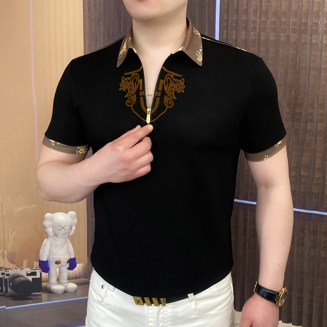 2025夏季双蛇盾牌Polo衫男士轻奢时尚半袖潮流修身翻领高品质商务