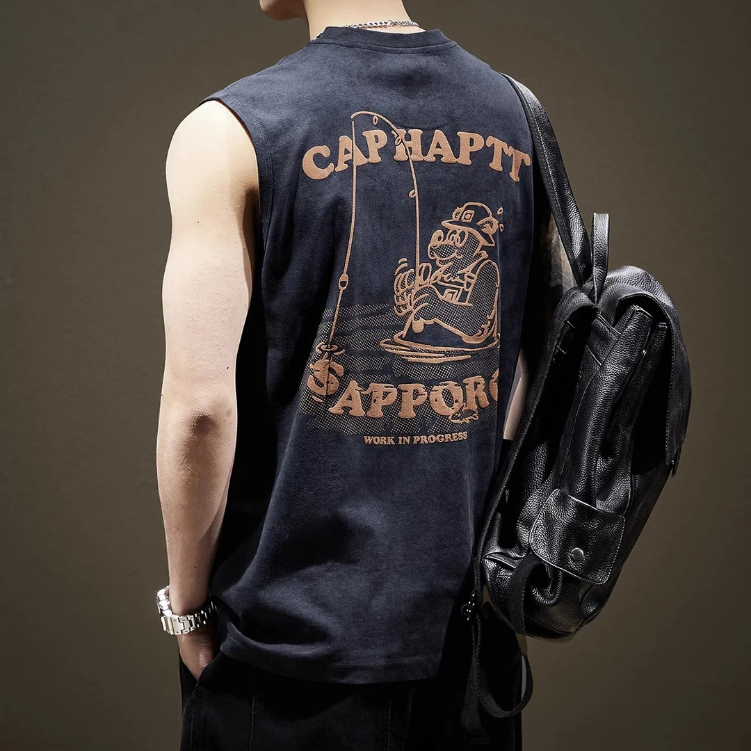 美式印花潮流运动无袖T恤男士宽松大码坎肩夏季纯棉背心体恤衫潮T