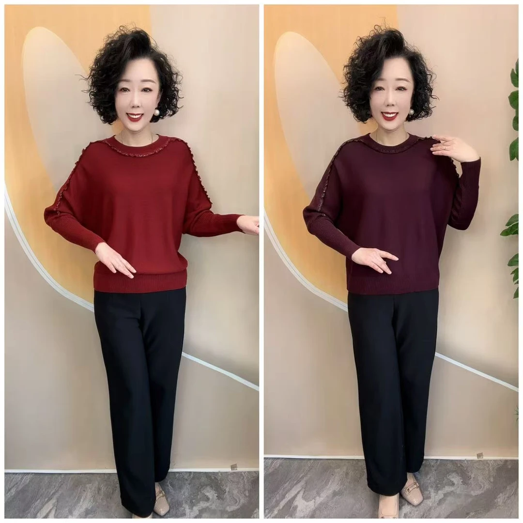 年货新款优雅妈妈设计感烫钻花边针织宽松打底衫