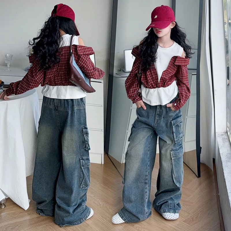 女童春秋款韩版休闲牛仔裤套装2025新款中大童洋气时髦潮酷两件套