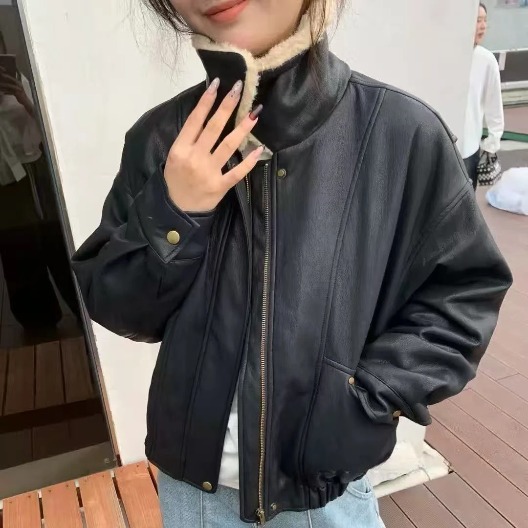 【鞋爱】5832皮衣抽褶女士秋季休闲翻领黑色网红时尚拼接短款长袖