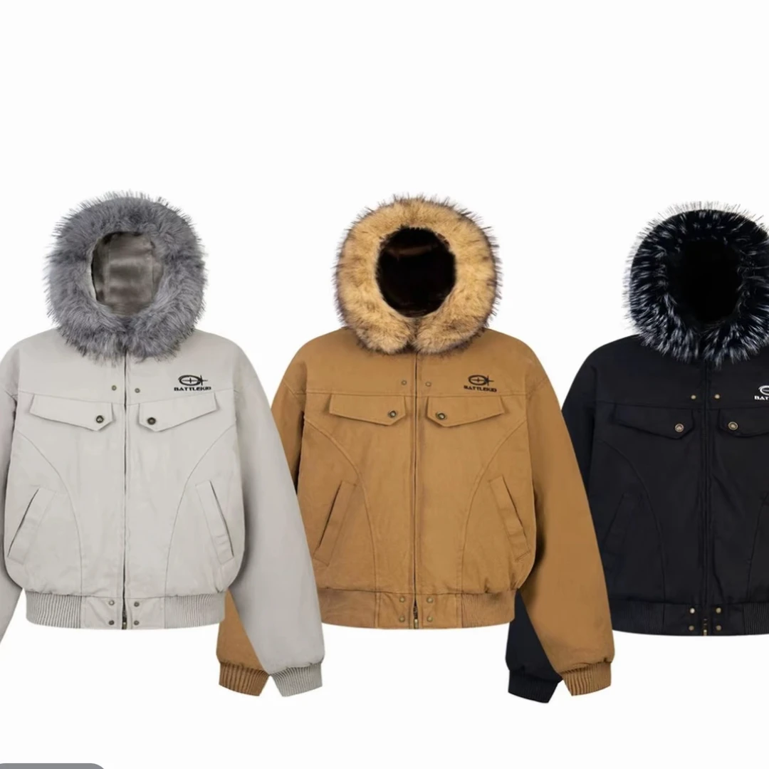 【反骨ZAI】刺绣标连帽毛领加厚棉服派克夹克外套#04201