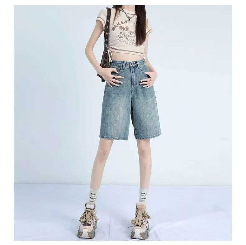 五分裤松紧腰大码牛仔短裤女夏季显瘦百搭A字版浅色宽松直筒胖mm